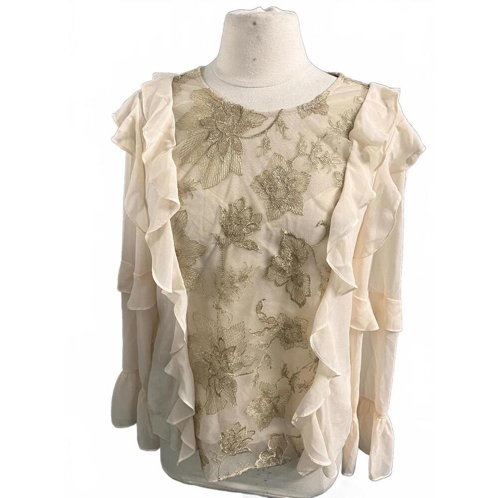 BCBGMAXAZRIA Top L Large Ruffle‎ Long Sleeve Blouse Lace Romantic Fold Foil